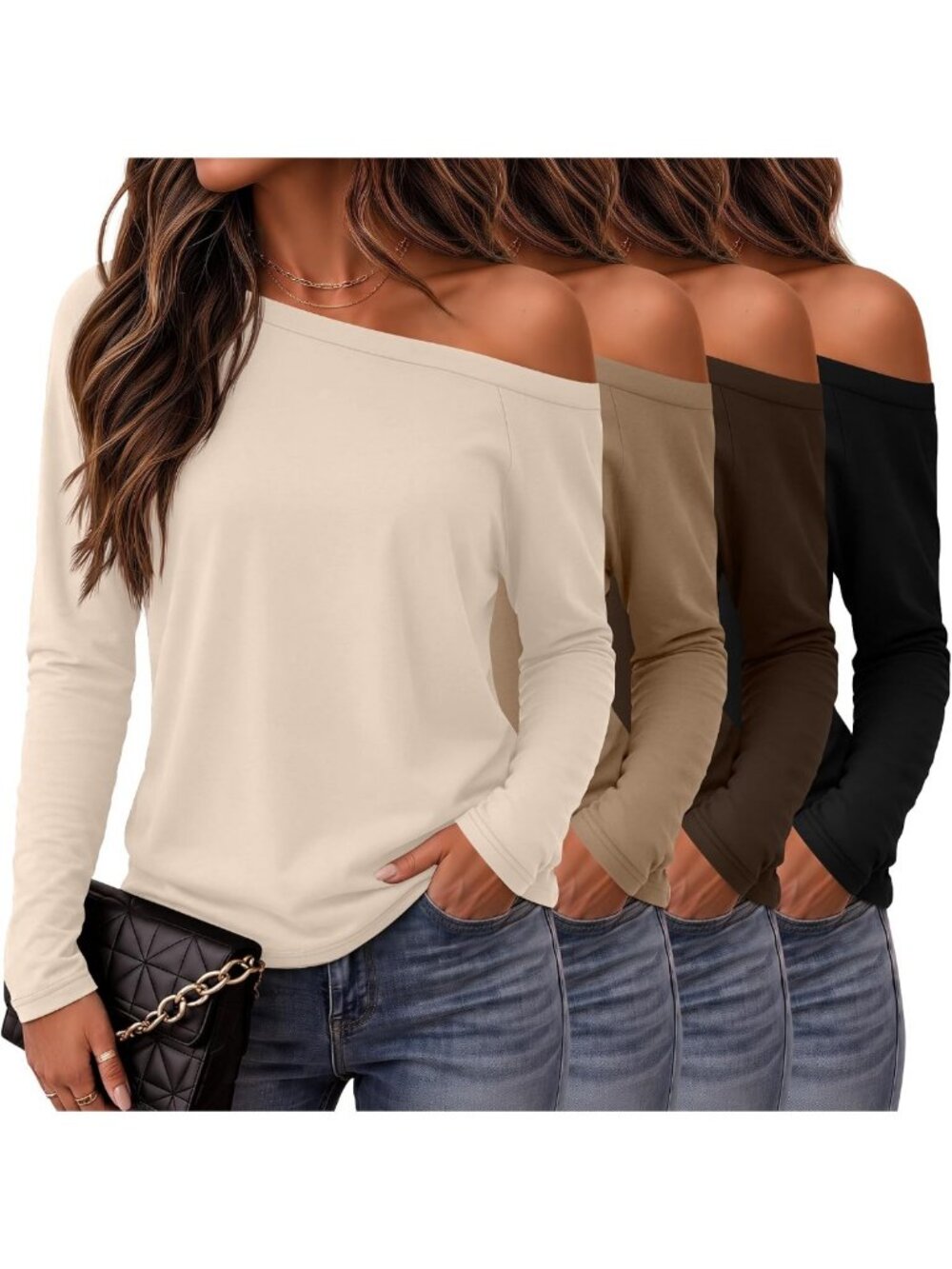 4 Pack Women's Off The Shoulder Tops | Boat Neck Shirts | Casual & Stylish Wear